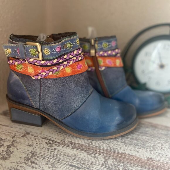 Socofy Blue Leather Boots Floral & Embroidery Accents 37/6.5 - Picture 1 of 6